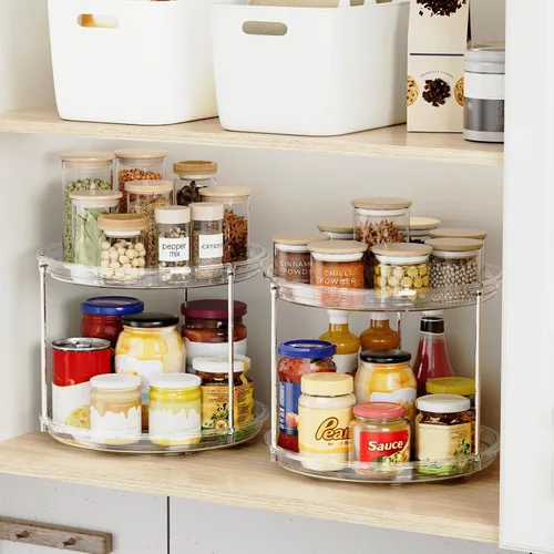 Miniatura 6 de Organizador Lazy Susan de 2 niveles, tocadiscos Lazy Susan de 9 pulgadas para gabinete, organizador apilable giratorio para especias para encimera