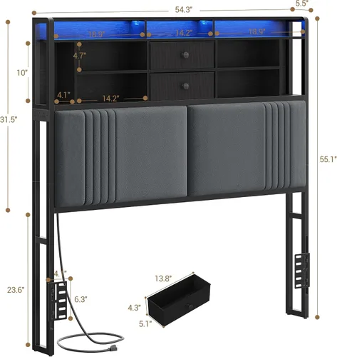 Miniatura 2 de Hzuaneri - Cabecera con 3 estantes de almacenamiento, cabecera tapizada en terciopelo con toma de corriente, 2 puertos USB y luz LED, cabeceras