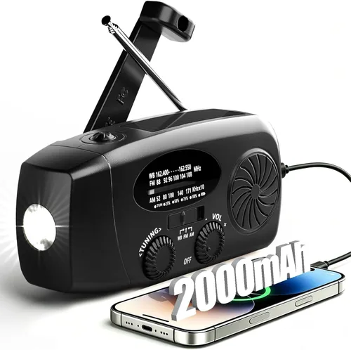 Radio meteorológica NOAA con manivela solar de emergencia con AM/FM, cargador de teléfono USB de 2000 mAh y 3 linterna LED, alarma SOS para Negro