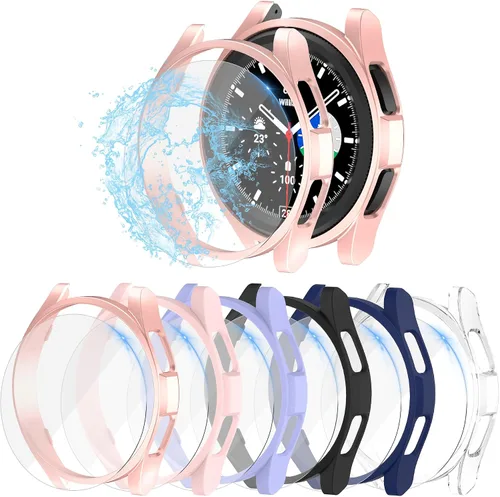 Miniatura 8 de Paquete de 8+8 protectores de pantalla para Samsung Galaxy Watch 6 de 1.693 in y funda, película protectora de vidrio templado antivaho