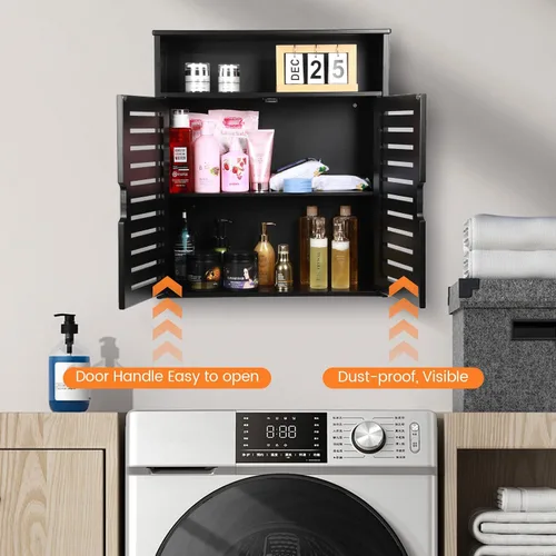 Miniatura 3 de Armario de pared de bambú, gabinete de almacenamiento de baño montado en la pared, gabinete de medicina colgante negro con puertas dobles