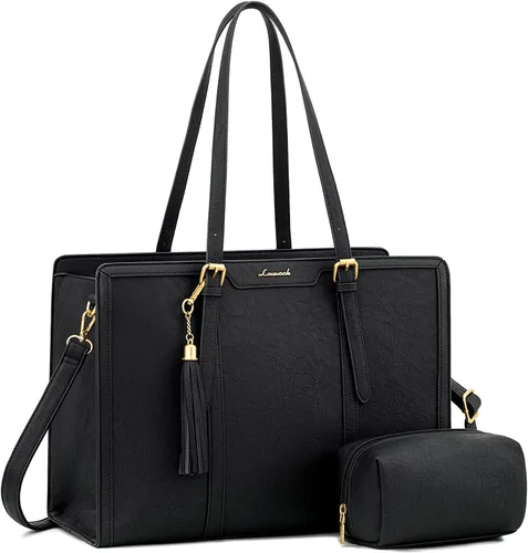 Miniatura 8 de LOVEVOOK Bolsa de mano para laptop para mujer, bolsa de trabajo vintage de 15.6 pulgadas con embrague, bolso grande de cuero para laptop con soporte