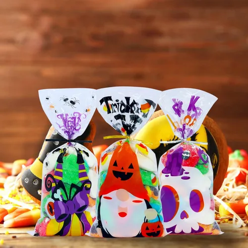 Miniatura 7 de VEYLIN 120 bolsas de celofán de Halloween, bolsas de dulces transparentes para dulce o dulce para suministros de fiesta de Halloween Estilos morados