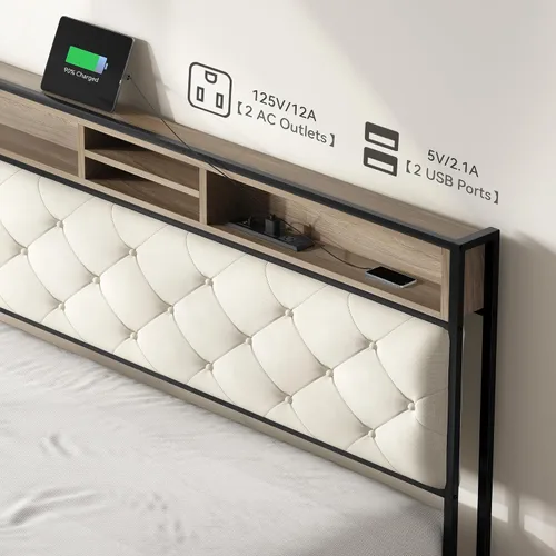 Miniatura 4 de YITAHOME Base de cama de plataforma tamaño Queen con cabecera de 45.2 pulgadas de alto, cabecera de almacenamiento tapizada con estación de carga