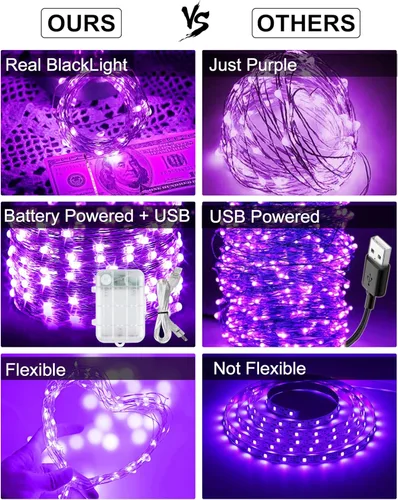 Miniatura 3 de Luces LED negras UV a pilas, 33 pies, 100 unidades, 2835 luces LED UV, 8 modos, accesorios de luz negra flexibles, luces de hadas con control remoto