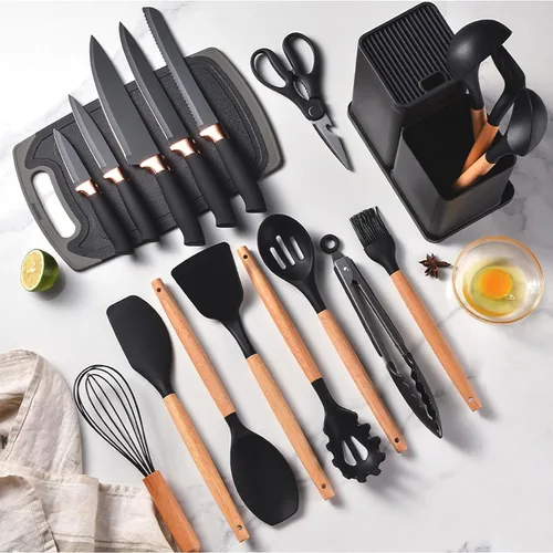Miniatura 4 de Juego de utensilios de cocina y cuchillos con bloque, juego de cocina todo en uno de 19 piezas, 12 utensilios de silicona antiadherentes + 5 Negro