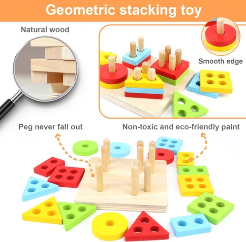 Miniatura 3 de WOOD CITY Juguetes de clasificación y apilamiento de madera Montessori para niños pequeños de 1, 2, 3 años, rompecabezas educativos