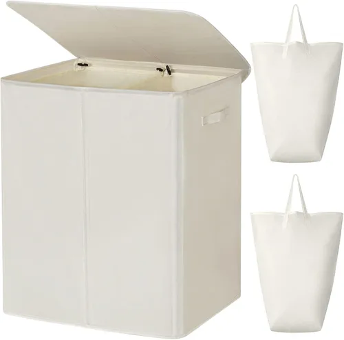 Miniatura 24 de WOWLIVE Cesta de lavandería de 100 litros con tapa, cesta plegable grande con 2 bolsas y asas extraíbles, cesta de ropa sucia plegable alta