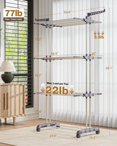 Miniatura 6 de Bigzzia Tendedero de Ropa Plegable Tendedero de Secado de Ropa de 4 Niveles Tendedero de Ropa con Dos Alas Laterales de Acero Inoxidable Gris