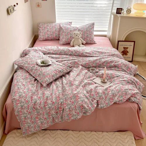 Miniatura 66 de Juego de funda de edredón blanca con estampado floral azul, juego de ropa de cama de algodón suave estilo bohemio, juego de ropa de cama estética
