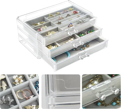 Miniatura 4 de Joyero acrílico con 3 cajones, organizador de joyas de terciopelo, aretes, anillos, collares, pulseras, vitrina, regalo para mujeres y niñas