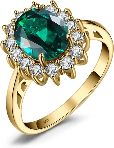 JewelryPalace Anillos de compromiso y aniversario estilo princesa Diana, Kate Middleton, piedra natal de zafiro y halo, 14 quilates, chapado en oro