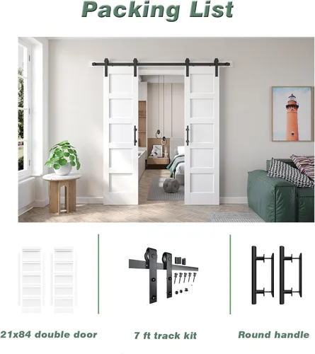 Miniatura 9 de Fredbeck Puerta de granero blanca doble de 21 x 84 pulgadas y kit de herrajes para puerta corrediza de granero de 7 pies incluidos, sólido, MDF