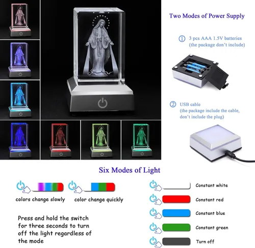 Miniatura 2 de KOMI Estatua de la Virgen María de cristal 3D con base de luz LED, estatuas de madre María grabadas con láser, regalos religiosos para mujeres