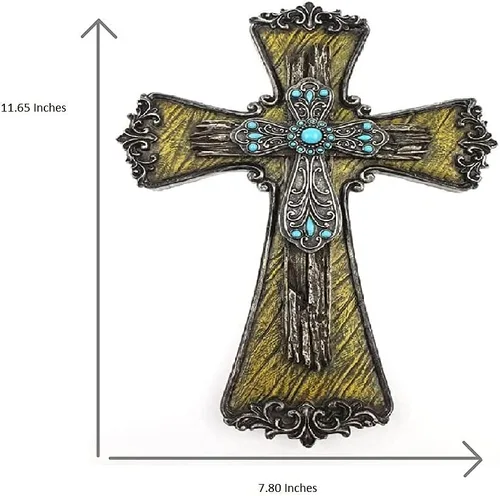 Miniatura 7 de Comfy Hour Cruz de pared decorativa de diamante azul de 12 pulgadas, rollo victoriano adornado con detalles turquesa, placa religiosa de madera