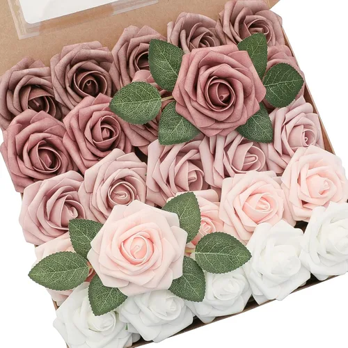 Floroom Flores artificiales, 25 piezas de rosas falsas de espuma de aspecto real con tallos para ramos de boda, centros de mesa de despedida de
