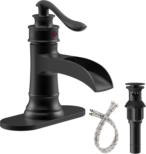 Grifo de baño negro mate con cascada para fregadero de casa de campo, grifo de lavabo de un solo orificio, una manija, estilo rústico, con tapón de