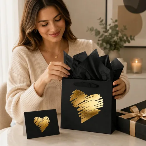 Miniatura 4 de ysmile Pequeña bolsa de regalo negra con papel de seda para hombres, fiesta de cumpleaños, aniversario, día del padre, 7.8 pulgadas, corazón dorado