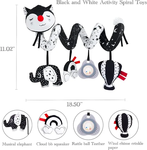 Miniatura 2 de Juguetes de Asiento de Coche ORZIZRO, Juguete de Alto Contraste en Negro y Blanco para Bebés de 0 a 3, 6, 12 Meses, Juguete Musical de Cochecito