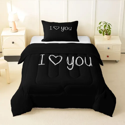 Miniatura 30 de Juego de edredón de San Valentín para parejas, juegos de ropa de cama rojo y blanco para niños, niñas, adolescentes, con texto en inglés "I Love