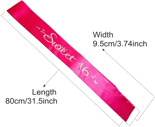 Miniatura 3 de Cinta de satén rosa intenso con letras plateadas, decoraciones de banda de cumpleaños 16, regalos para niñas, suministros de recuerdo de fiesta
