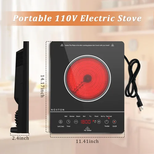 Miniatura 5 de Noxton Estufa eléctrica portátil de 110 V, 1800 W, estufa eléctrica de un solo quemador, placa de cocción eléctrica, temporizador de 4 horas, 9