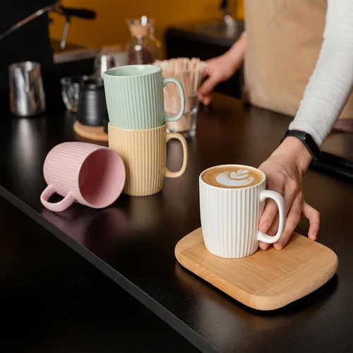 Miniatura 6 de Juego de 4 tazas de café de cerámica de 14 onzas, modernas tazas de café a rayas acanaladas con asas grandes para café con leche, té, cacao