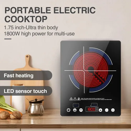 Miniatura 3 de VBGK Placa de Cocción Eléctrica, estufa eléctrica de 110 V, control táctil LED de un solo quemador, 9 niveles de potencia, bloqueo y temporizador
