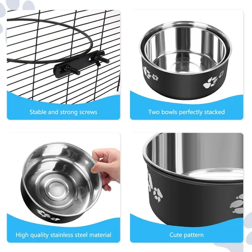 Miniatura 5 de Cuenco de agua para perrera, caja de acero inoxidable para perros, tazón de agua sin derrames, paquete de 2 cuencos colgantes para jaula de perrera