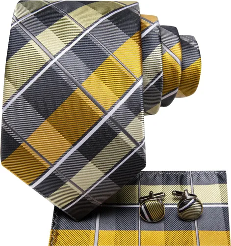 Miniatura 49 de Hi-Tie Corbata clásica de cachemira para hombre con pañuelo y gemelos a cuadros