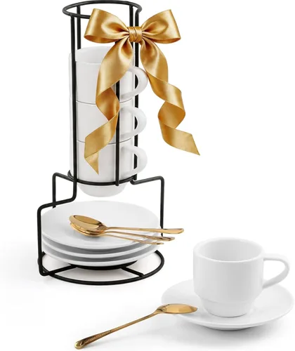 Miniatura 10 de Lareina Tazas de Espresso de Porcelana de 3 Onzas, Juego de 6, Pequeñas Tazas de Café Apilables con Platillos, Cucharas y Soporte de Metal - Tazas