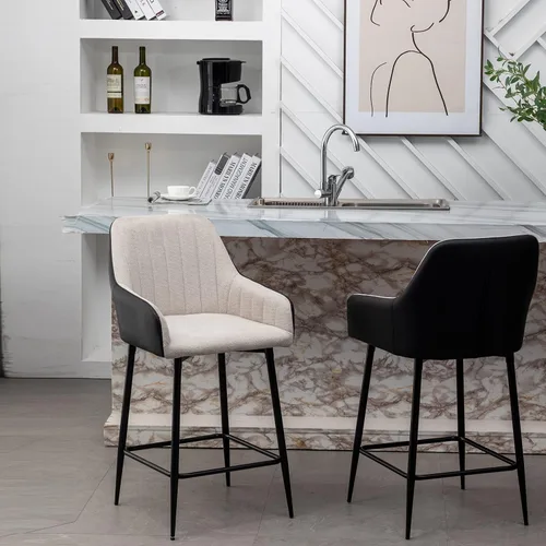 Miniatura 7 de BTEXPERT Juego de 2 sillas de bar tapizadas de alta calidad Earth Tone de 25 pulgadas con respaldo alto, tela beige acolchada con piel sintética