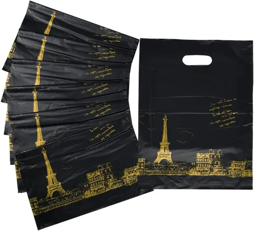 Miniatura 11 de ysmile Pequeña bolsa de compras de plástico negro con asa para pequeñas empresas Bolsa de plástico de mercancía troquelada bolsa de polietileno 100