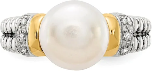 Miniatura 5 de Anillo de plata de ley 925 maciza con diamantes de oro amarillo de 14 k y perlas cultivadas de agua dulce (.03 cttw.)