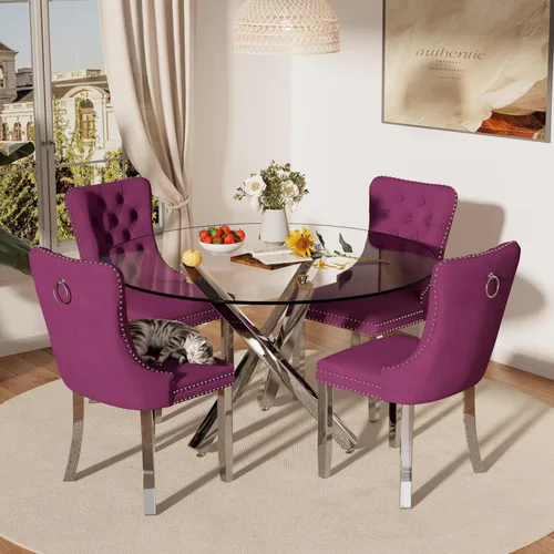 Miniatura 43 de Juego de mesa de comedor redonda de cristal moderno de mediados de siglo para 4, juego de vajilla circular de lujo plateado de 5 piezas, juego
