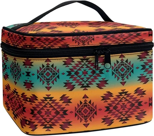 JoyLamoria Bolsa de Maquillaje Portátil Bolsa de Cosméticos de Viaje Bolsa de Maquillaje con Gran Capacidad Bolsa con Cremallera, Aztec Southwestern