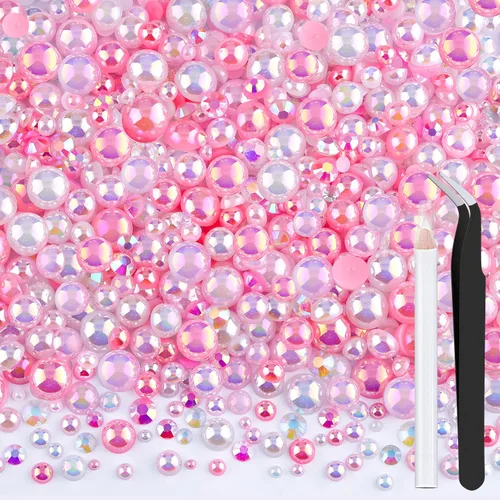 Miniatura 20 de 100g de cuentas de perlas planas y diamantes de imitación, 1-Rosa y blanco, tamaño mixto de 3-10mm, resina, diamantes de imitación y medias perlas