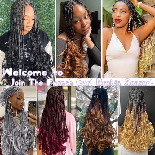 Miniatura 7 de Trenzas de ganchillo rizadas francesas de 22 pulgadas, 8 paquetes, trenzas de caja diosa grises para mujeres, de ganchillo pre-trenzadas con Trenzas