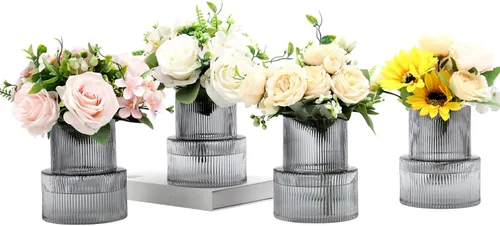 Miniatura 63 de Jarrón redondo de cristal, floreros para ramo, jarrones de vidrio acanalado para flores, pequeño jarrón transparente para sala de estar, oficina