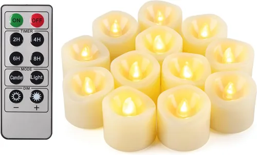 Velas votivas LED parpadeantes sin llama con control remoto, funciona con pilas, juego de 12 velas eléctricas para exteriores, velas temporizadoras