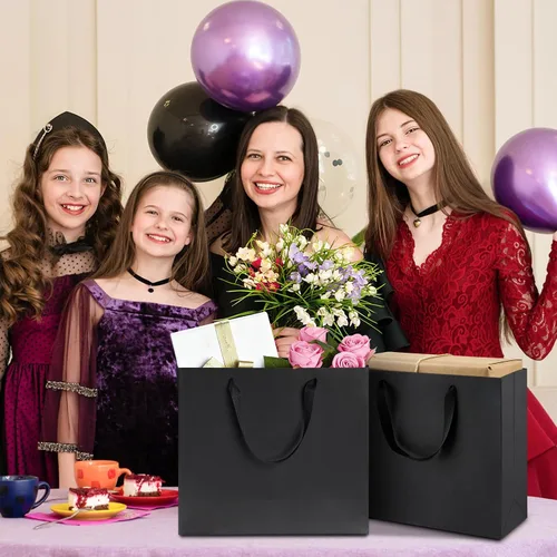 Miniatura 6 de Ohuimrt 6 bolsas grandes de regalo negras con asas, 12.5 x 4.5 x 11 pulgadas, bolsas de papel negro mate de alta calidad para fiestas, compras