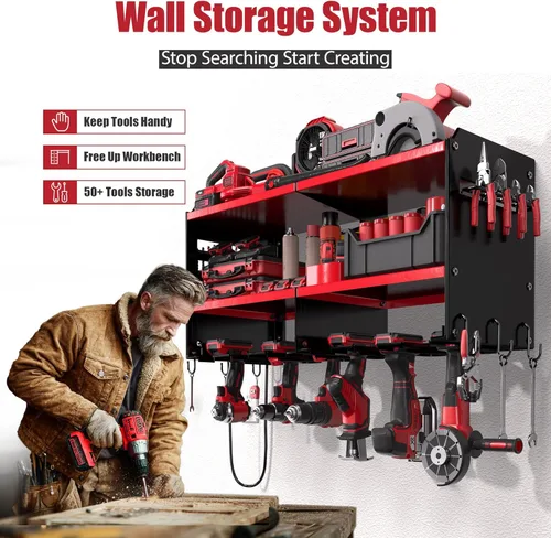 Miniatura 4 de Spampur Organizador de Herramientas Eléctricas de Pared con Regleta de Alimentación de 4 Tomas, Estante de Almacenamiento de Metal Resistente