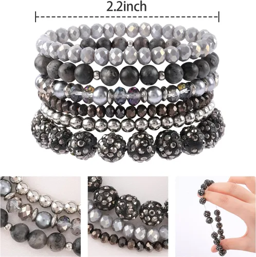 Miniatura 2 de Pulseras bohemias de cuentas negras para mujer, pulseras elásticas de cuentas de disco multicapa, hechas a mano, bohemias, apilables, cuentas