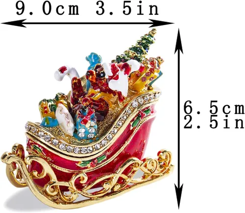 Miniatura 2 de YU FENG Caja de joyería de trineo de Navidad, caja de baratijas con bisagras coleccionables de diamantes de imitación pintados esmaltados esmaltados