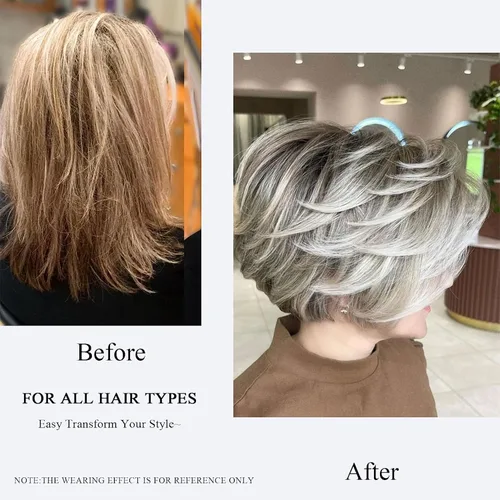 Miniatura 4 de Aisaide Peluca Corta de Corte Pixie Gris Platino con Flequillo de Cortina Bob para Mujeres - Peluca Sintética con Raya Lateral Despeinada