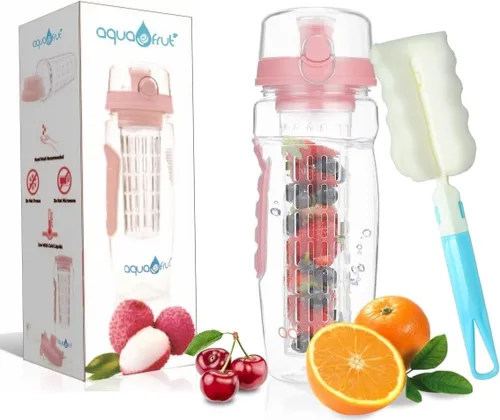 AquaFrut - Botella de agua con infusor de frutas de 32 onzas, sin BPA, botella deportiva de infusión de frutas, tapa abatible con boquilla para