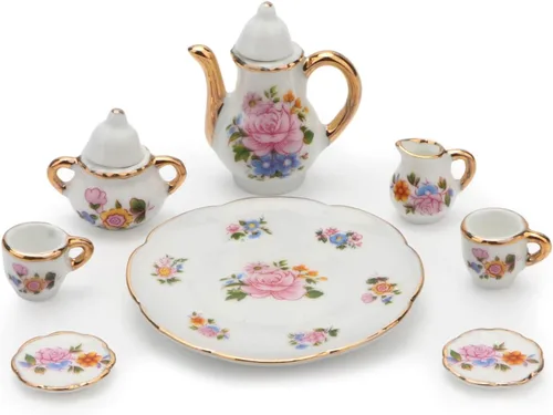 Miniatura 5 de Cutemini - Juego de tazas de té en miniatura de porcelana a escala 1:6, 8 piezas, con diseño de flores, tetera, plato y bandeja, suministros
