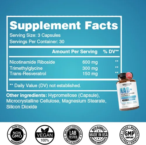 Miniatura 3 de Benevolent NAD+ Suplemento de 1050 mg, absorción máxima 3 en 1 NAD suplementos para mujeres y hombres con ribósido de nicotinamida