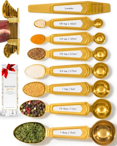 Miniatura 10 de Cucharas medidoras magnéticas doradas con nivelador, con 8 piezas de estilo mejorado, de doble cara, apilables, juego de cucharas medidoras doradas