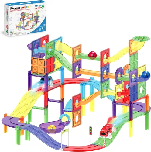 PicassoTiles Juego de 121 azulejos magnéticos de pista de carreras de mármol 3 en 1, juego de construcción de carreras de automóviles, aprendizaje